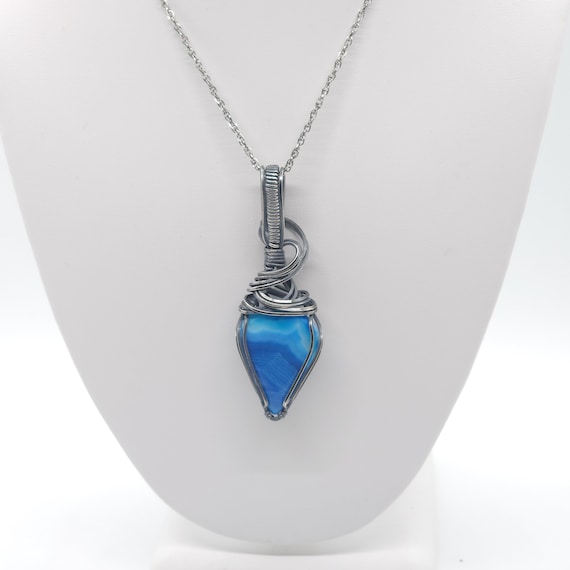 Blue Banded Onyx Pendant Necklace | Hand Wrapped | Made in Argentium Silver