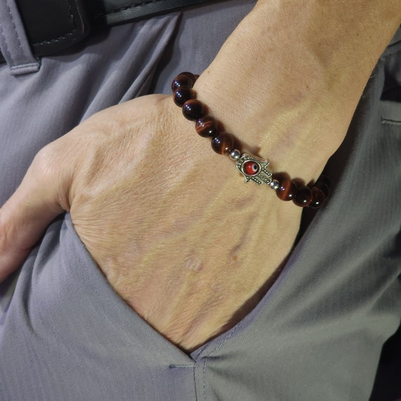 Red Tiger's Eye Evil Eye Stretch Bracelet | 8 mm Genuine Natural Gemstone | Handmade to Order