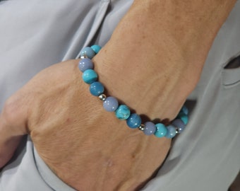 Larimar, Turquoise & Angelite Stretch Bracelet with Sterling Silver | Genuine Natural Gemstone | Handmade to Order