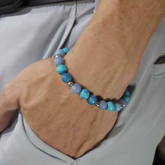 Larimar, Turquoise & Angelite Stretch Bracelet with Sterling Silver | Genuine Natural Gemstone | Handmade to Order