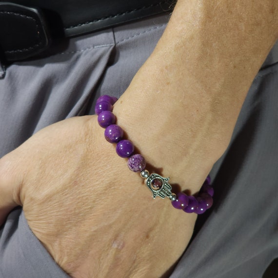 Purple Mica Evil Eye Stretch Bracelet | 8 mm Genuine Natural Gemstone | Handmade to Order