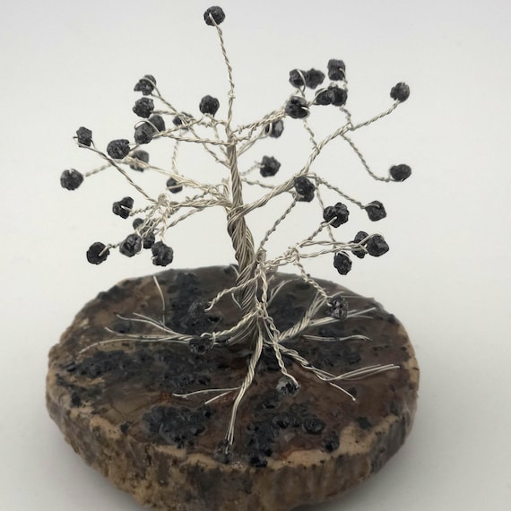 Black Diamond Wire Wrapped Mini Crystal Gemstone Tree | Made In Argentium Silver | Handmade Decor for Home, Office, Bedroom, Library, & More