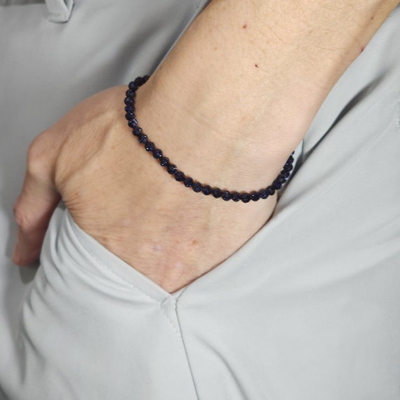 Blue Goldstone Beaded Minimalist Stretch Bracelet | 4mm Faceted Genuine Natural Gemstone | Handmade to Order