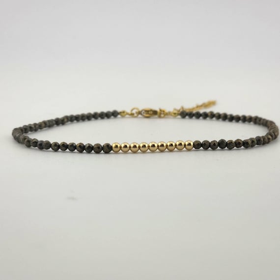 Pyrite Beaded Minimalist Anklet with Gold | Adjustable | 3mm Genuine Natural Gemstone | Handmade to Order | Hypoallergenic Optional