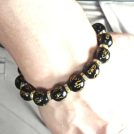Black Onyx Fung Shui Stretch Bracelet with Zircon Spacers | 12mm Genuine Natural Gemstone | Handmade to Order