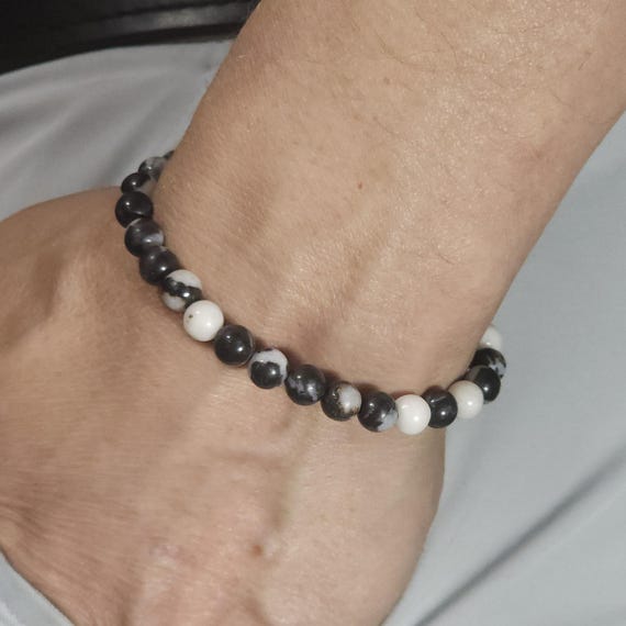 Zebra Jasper (Black & White) Beaded Semi-Minimalist Stretch Bracelet | 6mm Genuine Natural Gemstone | Handmade to Order