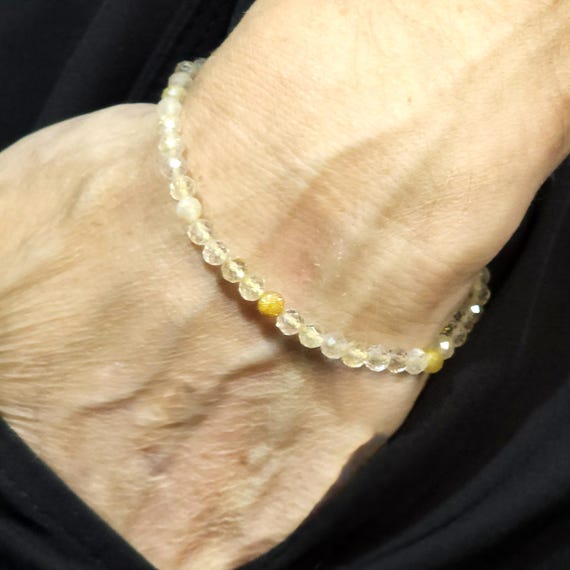 Gold Rutilated Quartz Beaded Minimalist Stretch Bracelet | 4mm Faceted Genuine Natural Gemstone | Handmade to Order