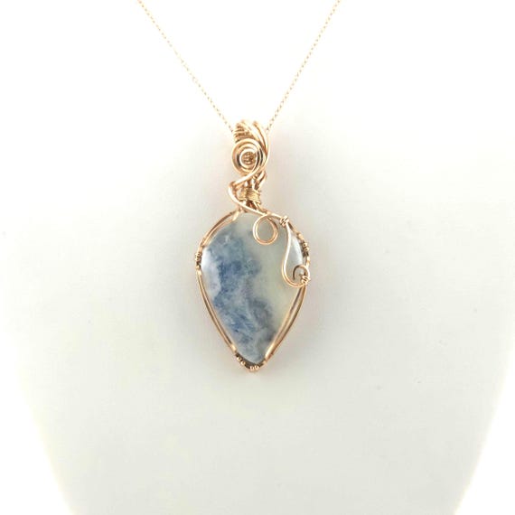 Blue Argentinean Rhodocrosite Pendant Necklace | Handmade in 14k Rose Gold Filled Wire
