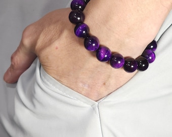 Purple Tiger's Eye Stretch Bracelet | 12mm Genuine Natural Gemstone | Handmade to Order
