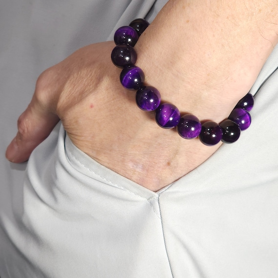 Purple Tiger's Eye Stretch Bracelet | 12mm Genuine Natural Gemstone | Handmade to Order