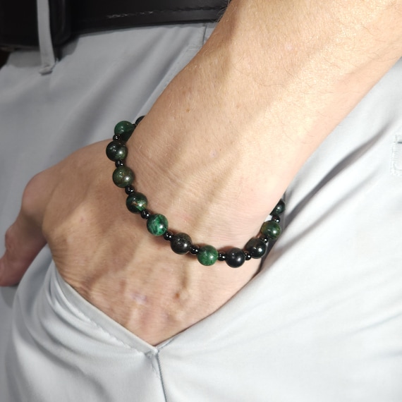 Genuine Emerald Beaded Stretch Bracelet with Black Steel | 8mm Natural Zambian Gemstone | Handmade to Order