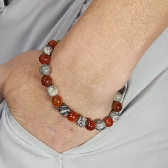 Map Jasper & Cracked Dragon Vein Agate Stretch Bracelet | 8mm Genuine Natural Gemstone | Handmade to Order