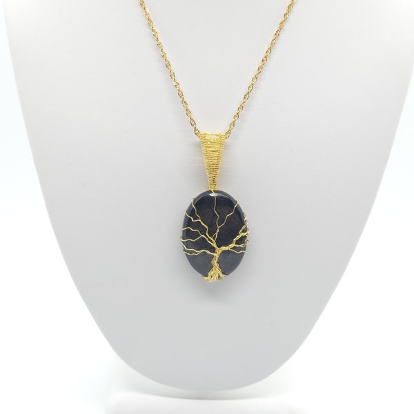 Hypersthene Tree of Life Pendant Necklace | Hand Made | Wrapped in Gold | Tarnish Resistant