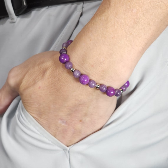 Purple Mica & Lepidolite Stretch Bracelet with Platinum | 8mm/6mm Genuine Natural Gemstone | Handmade to Order