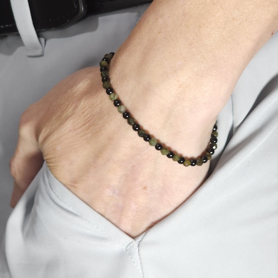 Green Tourmaline Beaded Minimalist Stretch Bracelet with Black Stainless Steel | 4mm Faceted Genuine Natural Gemstone | Handmade to Order