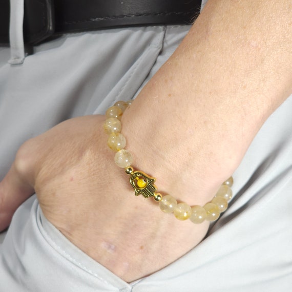 Gold Rutilated Quartz Evil Eye Stretch Bracelet | Genuine Natural Gemstone | Handmade to Order
