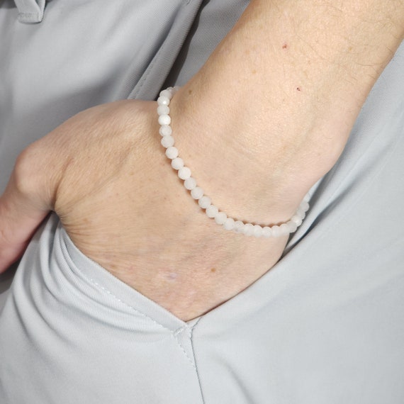 White Jade Beaded Minimalist Stretch Bracelet | 4mm Faceted Genuine Natural Gemstone | Handmade to Order