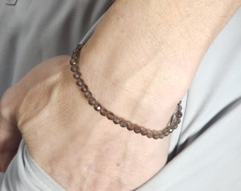 Smoky Quartz Beaded Minimalist Stretch Bracelet | 4mm Faceted Genuine Natural Gemstone | Handmade to Order