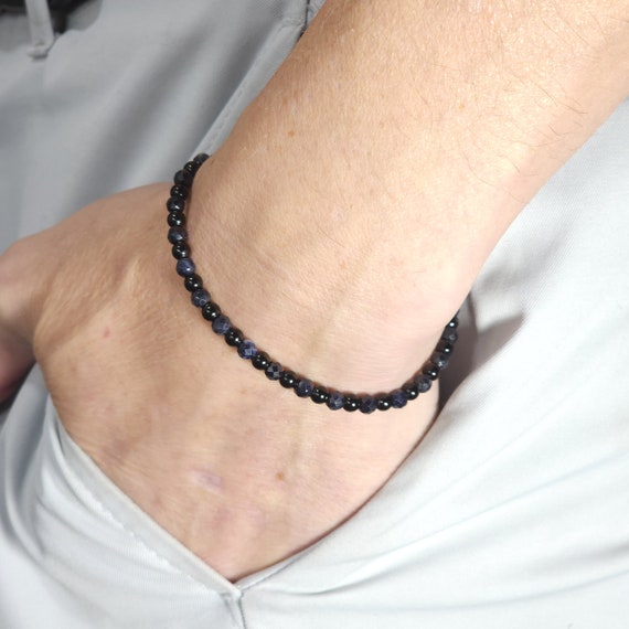Genuine Blue Sapphire Beaded Minimalist Stretch Bracelet with Black Steel | Grade AAA | 4mm Natural Gemstone | Handmade to Order
