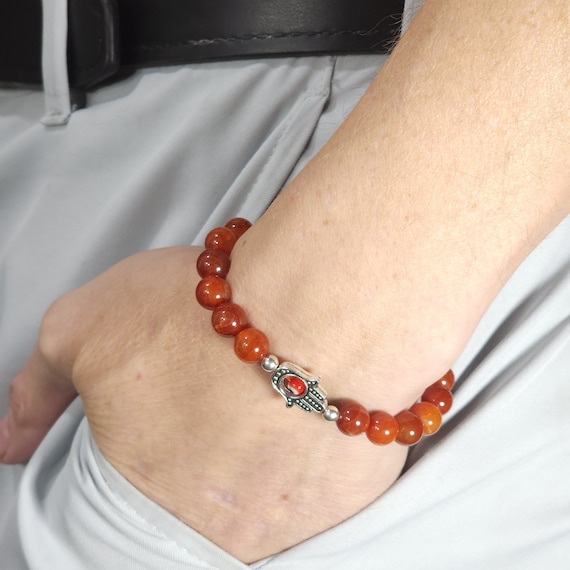 Red Cracked Dragon Vein Agate Evil Eye Stretch Bracelet | 8mm Genuine Natural Gemstone | Handmade to Order