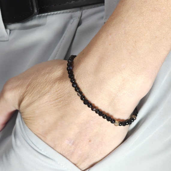 Black Agate Beaded Minimalist Stretch Bracelet with Black Steel | 4mm Faceted Genuine Natural Gemstone | Handmade to Order