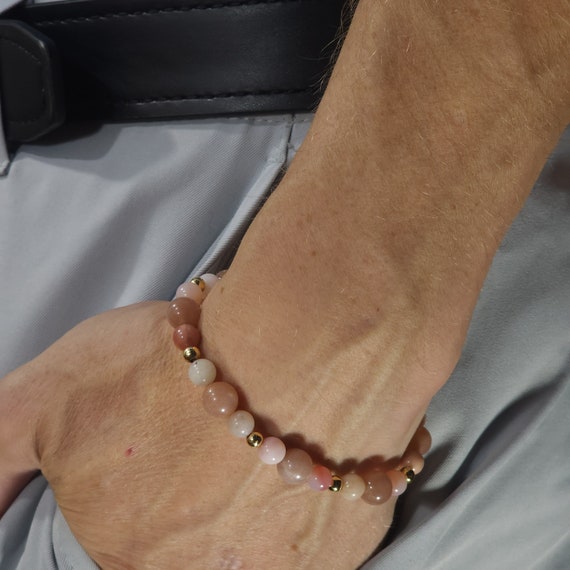 Pink Opal & Sunstone Stretch Bracelet with 24k Gold | Handmade | Genuine Natural Gemstone | Handmade to Order