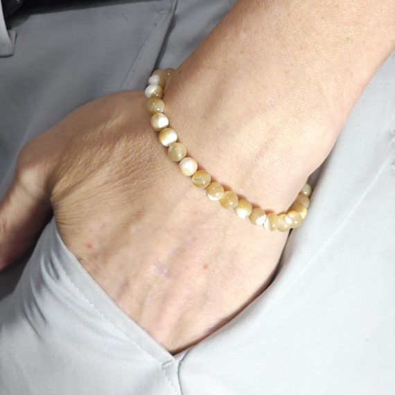 Caramel Mother of Pearl Beaded Semi-Minimalist Stretch Bracelet | 6mm Genuine Natural Gemstone | Handmade to Order