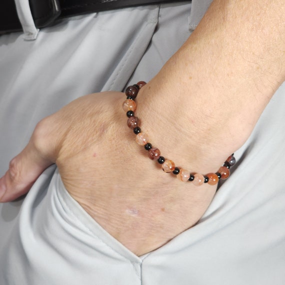 Red Fire Quartz Beaded Semi-Minimalist Stretch Bracelet with Black Stainless Steel | 6mm Genuine Natural Gemstone | Handmade to Order