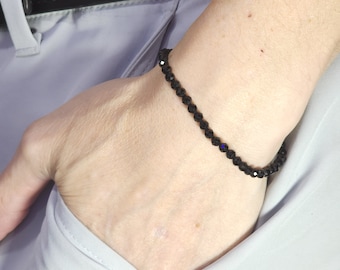 Black Tourmaline Beaded Minimalist Stretch Bracelet | 4mm Faceted Genuine Natural Gemstone | Handmade to Order