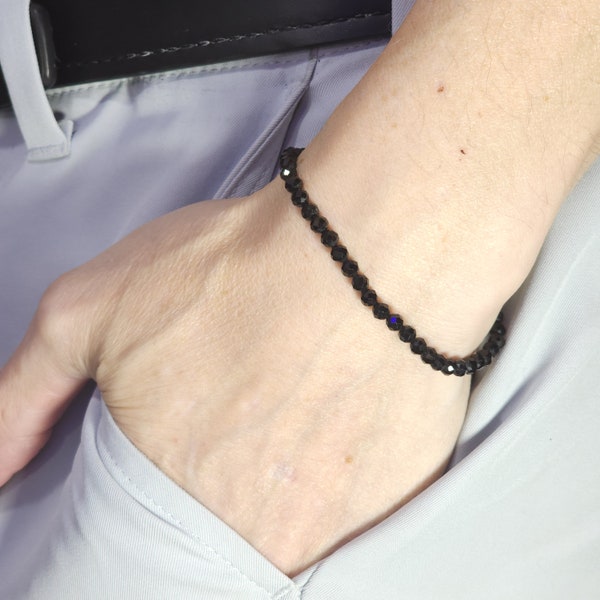 Black Tourmaline Beaded Minimalist Stretch Bracelet | 4mm Faceted Genuine Natural Gemstone | Handmade to Order
