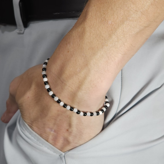Moonstone Beaded Minimalist Stretch Bracelet with Black Steel | 4mm Faceted Genuine Natural Gemstone | Handmade to Order