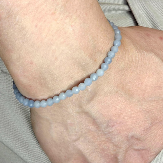 Angelite Beaded Minimalist Stretch Bracelet | 4mm Faceted Genuine Natural Gemstone | Handmade to Order