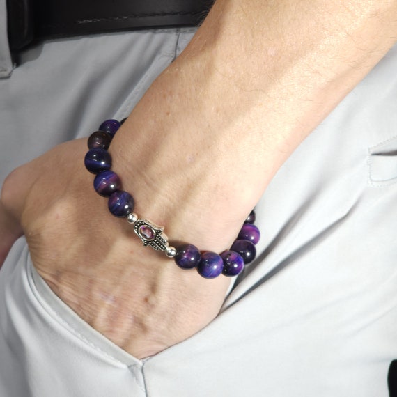 Purple Tiger's Eye Evil Eye Stretch Bracelet | 10mm Genuine Natural Gemstone | Handmade to Order
