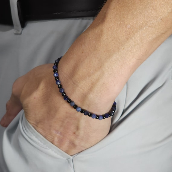Sodalite Beaded Minimalist Stretch Bracelet with Black Steel | 4mm Genuine Natural Gemstone | Handmade to Order