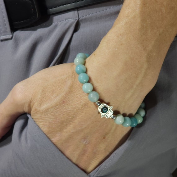 Amazonite Evil Eye Stretch Bracelet | 8mm Genuine Natural Gemstone | Handmade to Order
