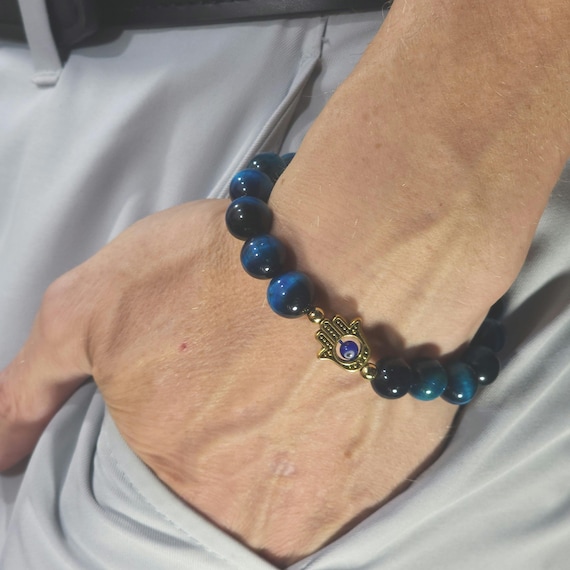 Blue Tiger's Eye Evil Eye Stretch Bracelet | 10mm Genuine Natural Gemstone | Handmade to Order