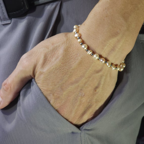 Pink Pearl & Platinum Beaded Minimalist Stretch Bracelet | 4mm-6mm Genuine Natural Gemstone | Handmade to Order