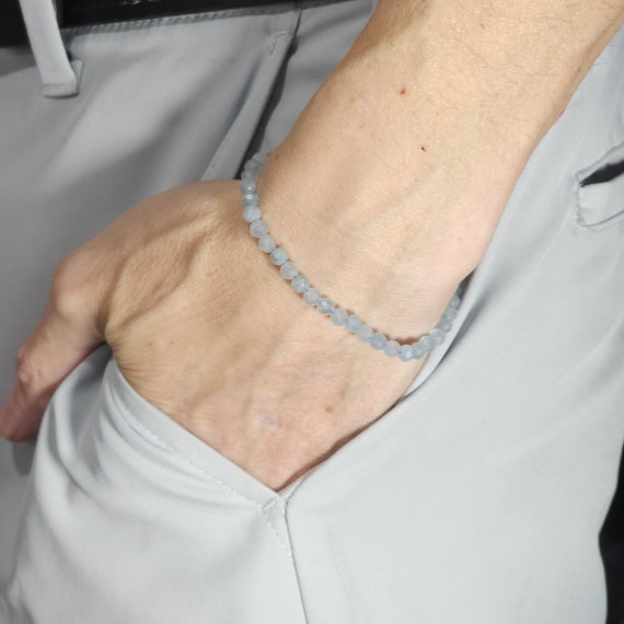 Blue Lace Agate Beaded Minimalist Stretch Bracelet | 4mm Faceted Genuine Natural Gemstone | Handmade to Order