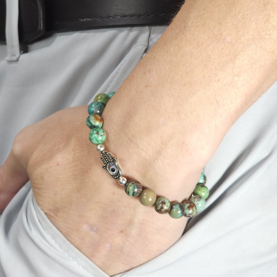 Chrysocolla Evil Eye Stretch Bracelet | 8mm Genuine Natural Gemstone | Handmade to Order