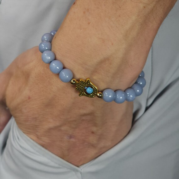 Angelite Evil Eye Stretch Bracelet | 8 mm Genuine Natural Gemstone | Handmade to Order