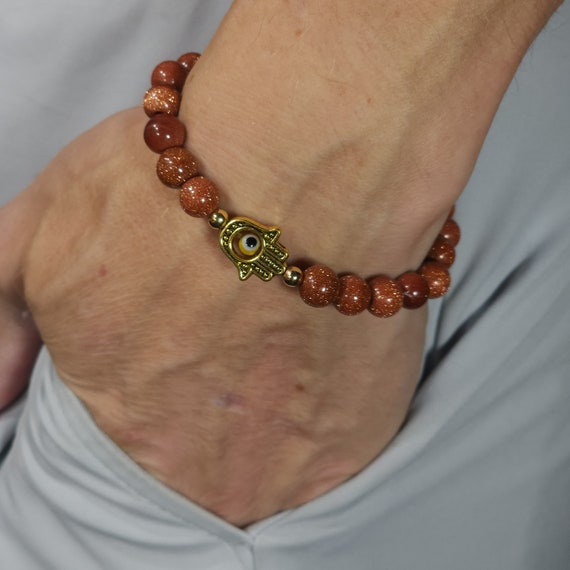 Goldstone Evil Eye Stretch Bracelet | 8 mm Genuine Natural Gemstone | Handmade to Order