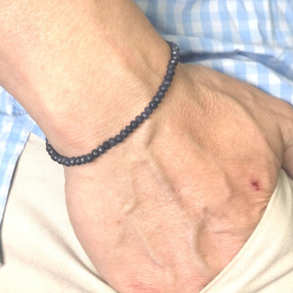 Blue Sapphire Genuine Gemstone Handmade Beaded Minimalist Bracelet | 4mm | Faceted Rondelles | AAA