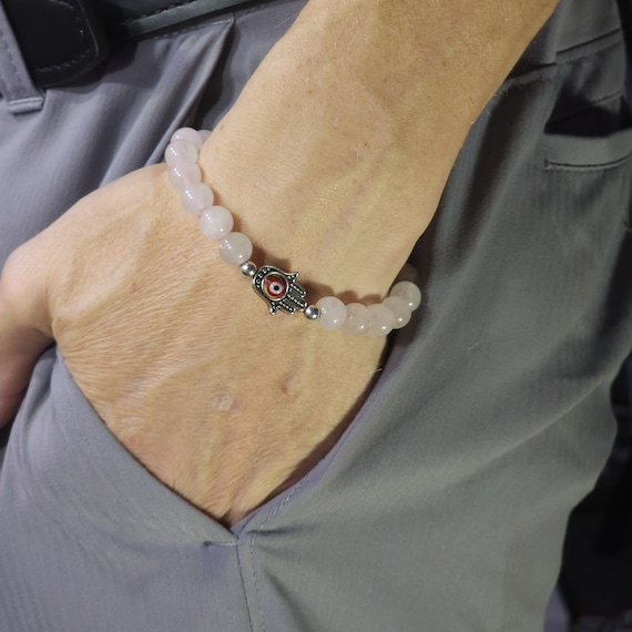 Rose Quartz Evil Eye Stretch Bracelet | 8 mm Genuine Natural Gemstone | Handmade to Order