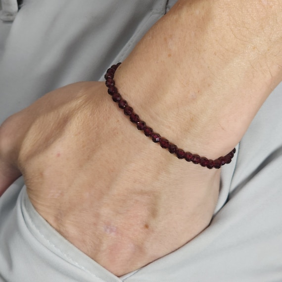 Garnet Beaded Minimalist Stretch Bracelet | 4mm Faceted Genuine Natural AAA Gemstone | Handmade to Order