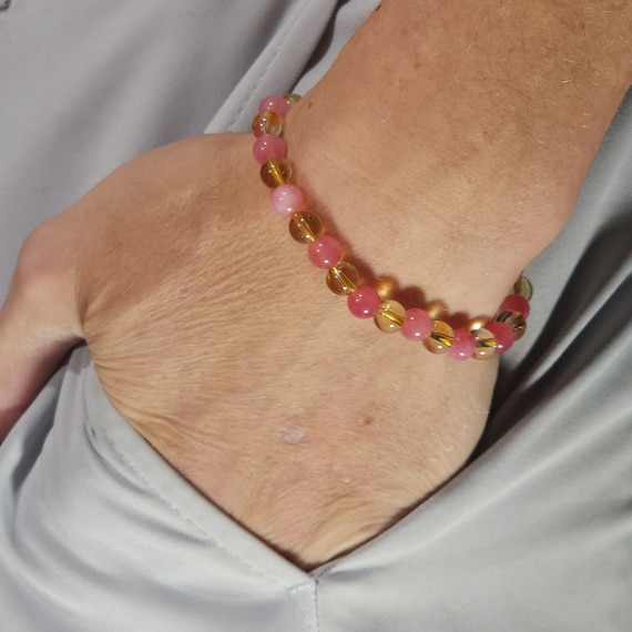 Citrine & Rhodochrosite Beaded Semi-Minimalist Stretch Bracelet | 6mm Genuine Natural Gemstone | Handmade to Order