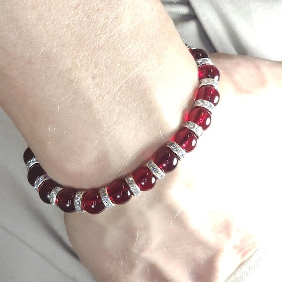 Garnet Chalcedony Stretch Bracelet with Silver & Rhinestones | 8mm Genuine Natural Gemstone | Handmade to Order