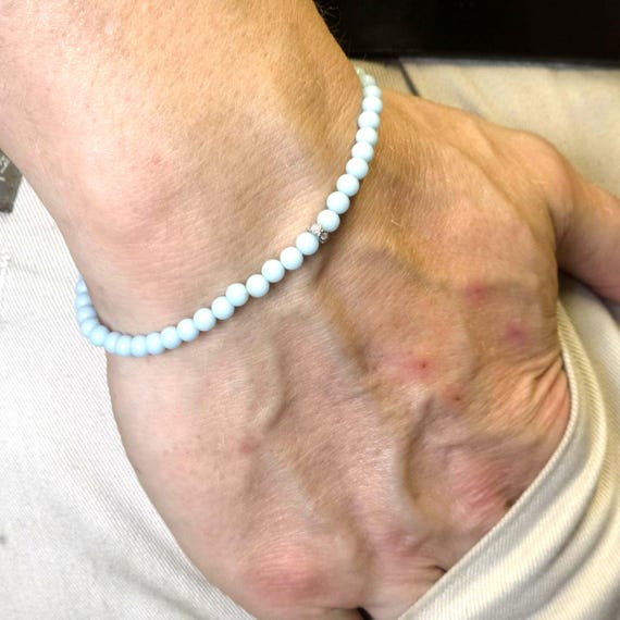 Blue Handmade Beaded Minimalist Glow Bracelet | 4mm | Round Luminous Stone/Glass