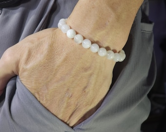 Pulsera de cuentas hecha a mano con piedra lunar auténtica / 8 mm / Redonda