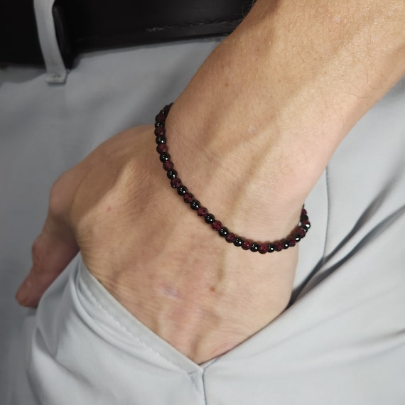 Garnet Beaded Minimalist Stretch Bracelet with Black Steel | 4mm Faceted Genuine Natural AAA Gemstone | Handmade to Order