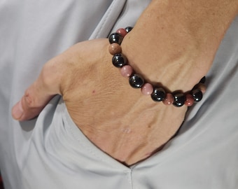 Rhodonite & Hematite Stretch Bracelet | 8mm/10mm Genuine Natural Gemstone | Handmade to Order